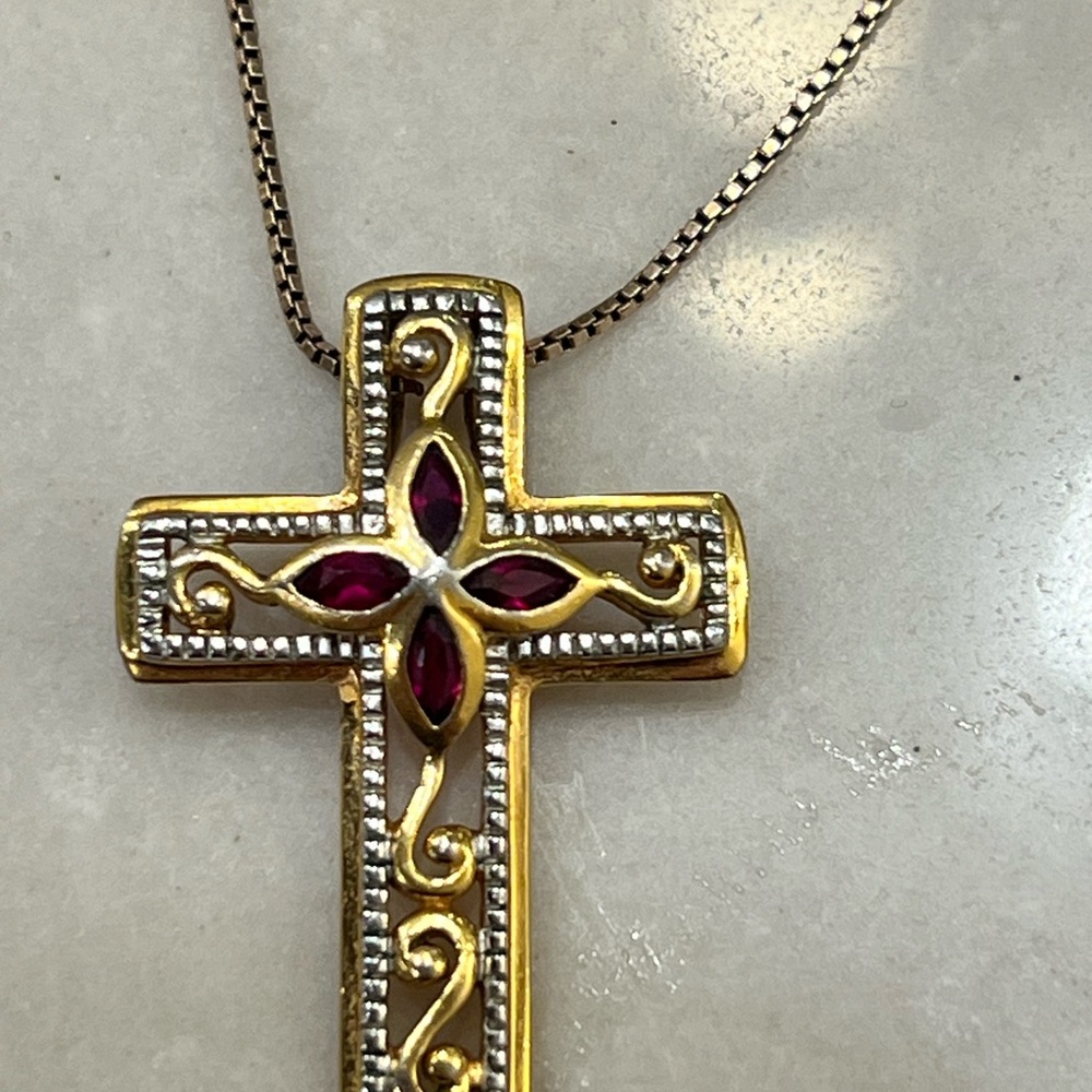 Gold-Tone Cross Necklace with Deep Pink Gem Accents